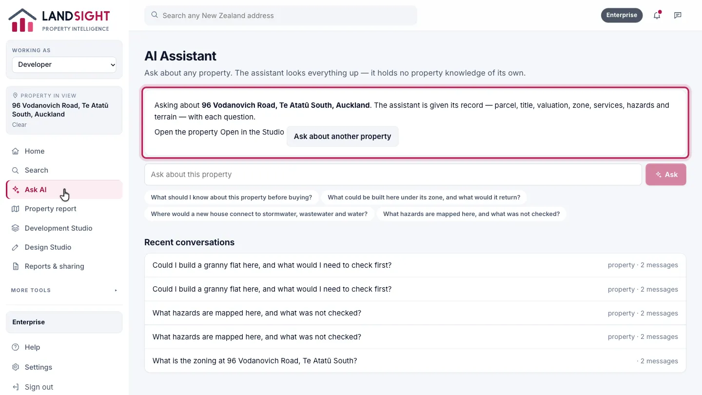Step 1: Open Ask AI. With a property open, choose Ask AI in the sidebar, or the speech bubble at the top of the page. It asks about that property, and is given its record — parcel, title, valuation, zone, services, hazards and terrain — with each question.