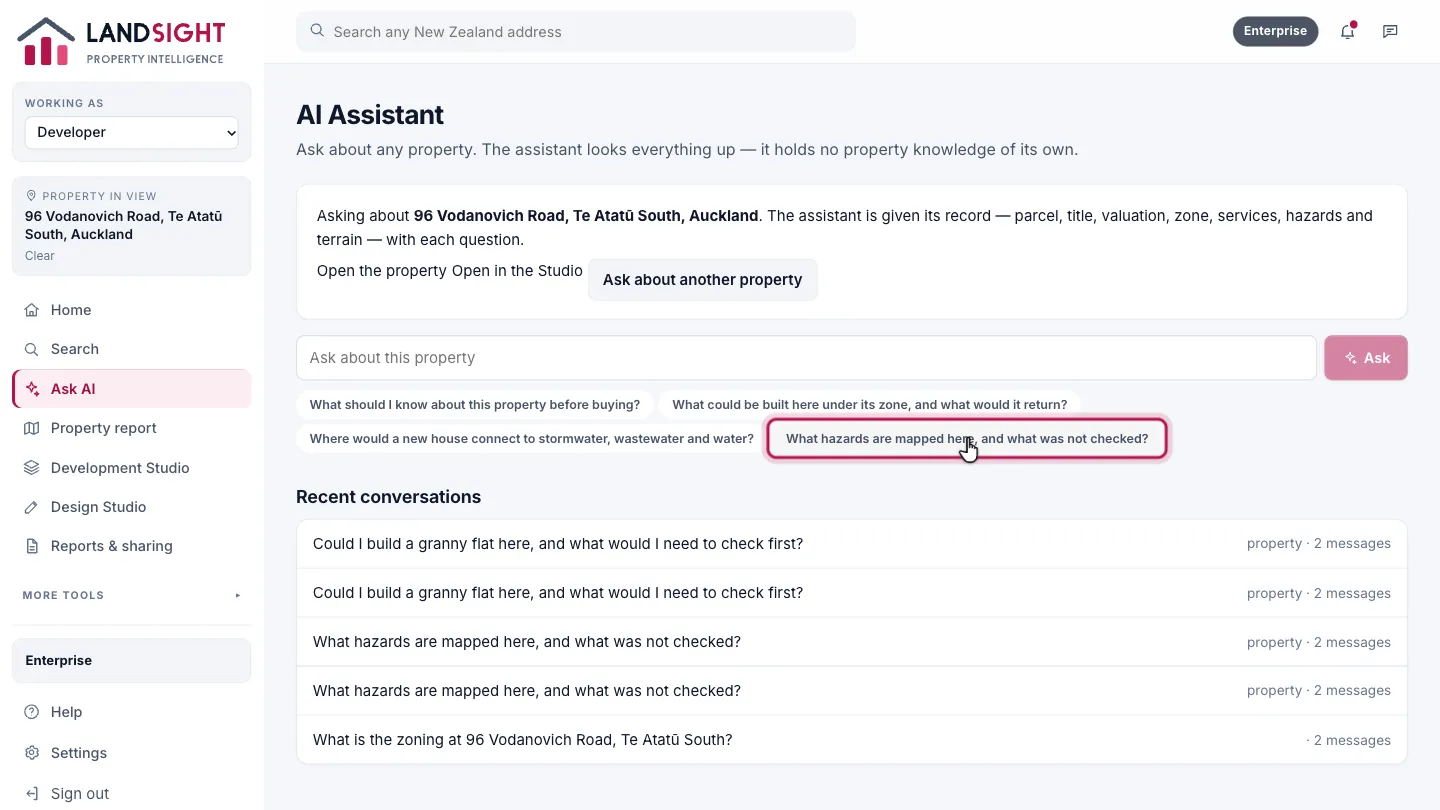 Step 2: Ask your question. Choose a suggested question, or type your own: what to know before buying, what could be built and what it would return, where services connect, what hazards are mapped.