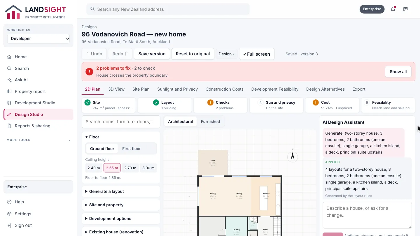 Step 1: Open the Design Studio. Open Design Studio from the sidebar, or choose Design it in the Development Studio for a scheme. A design sits on the surveyed site.