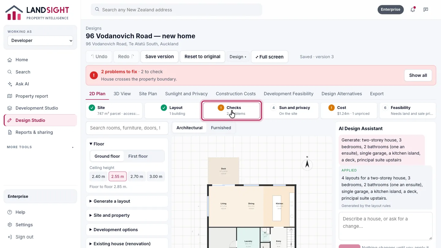 Step 2: Watch the checks. Across the top, Landsight keeps track of the site, the layout and its checks, sun and privacy, cost and feasibility as you design.