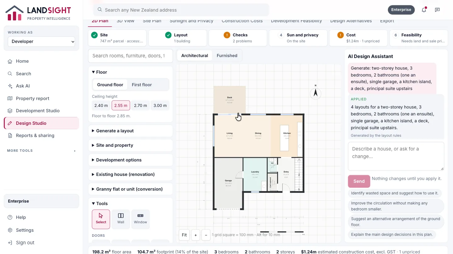 Step 3: The 2D plan. Rooms at true size, with walls, doors and windows. Drag a wall to move it, or a room onto another to swap them.