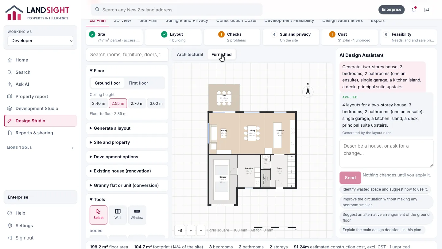 Step 4: Furnished. Switch to Furnished to see the furniture and fixtures at their real size.