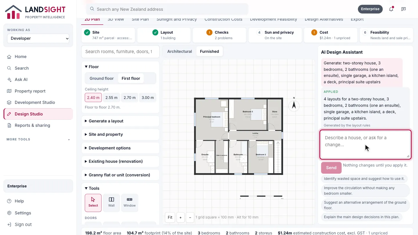 Step 6: Ask the AI Design Assistant. Describe a house, or ask for a change. It proposes; nothing changes until you apply it.