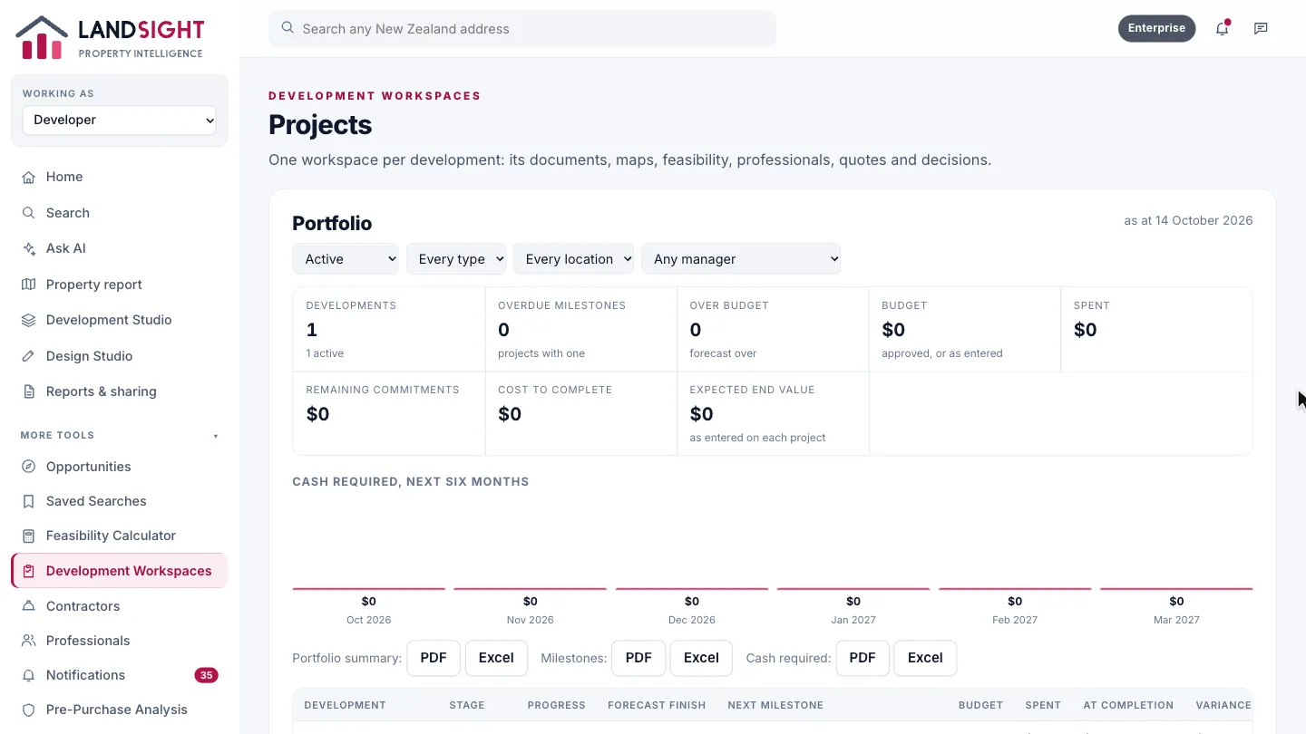 Step 1: Development Workspaces. Development Workspaces lists every development in your organisation, by stage, type, location and manager.