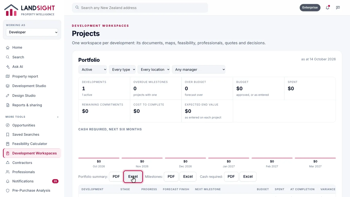 Step 2: Export the portfolio. Export the portfolio as a PDF or a spreadsheet, for the board or the bank.