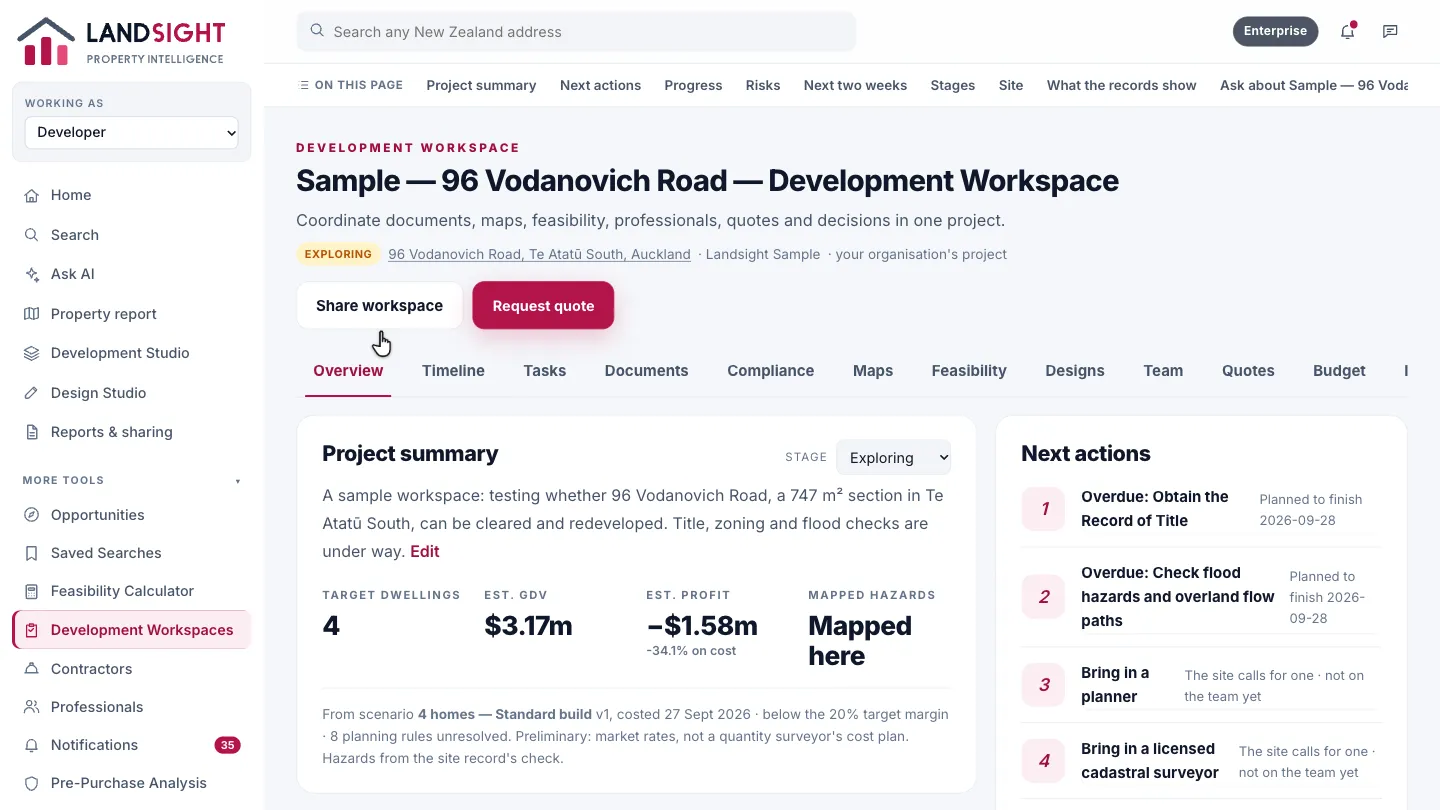 Step 3: Open a workspace. Open a project. Its workspace brings the documents, maps, feasibility, professionals, quotes and decisions into one place.