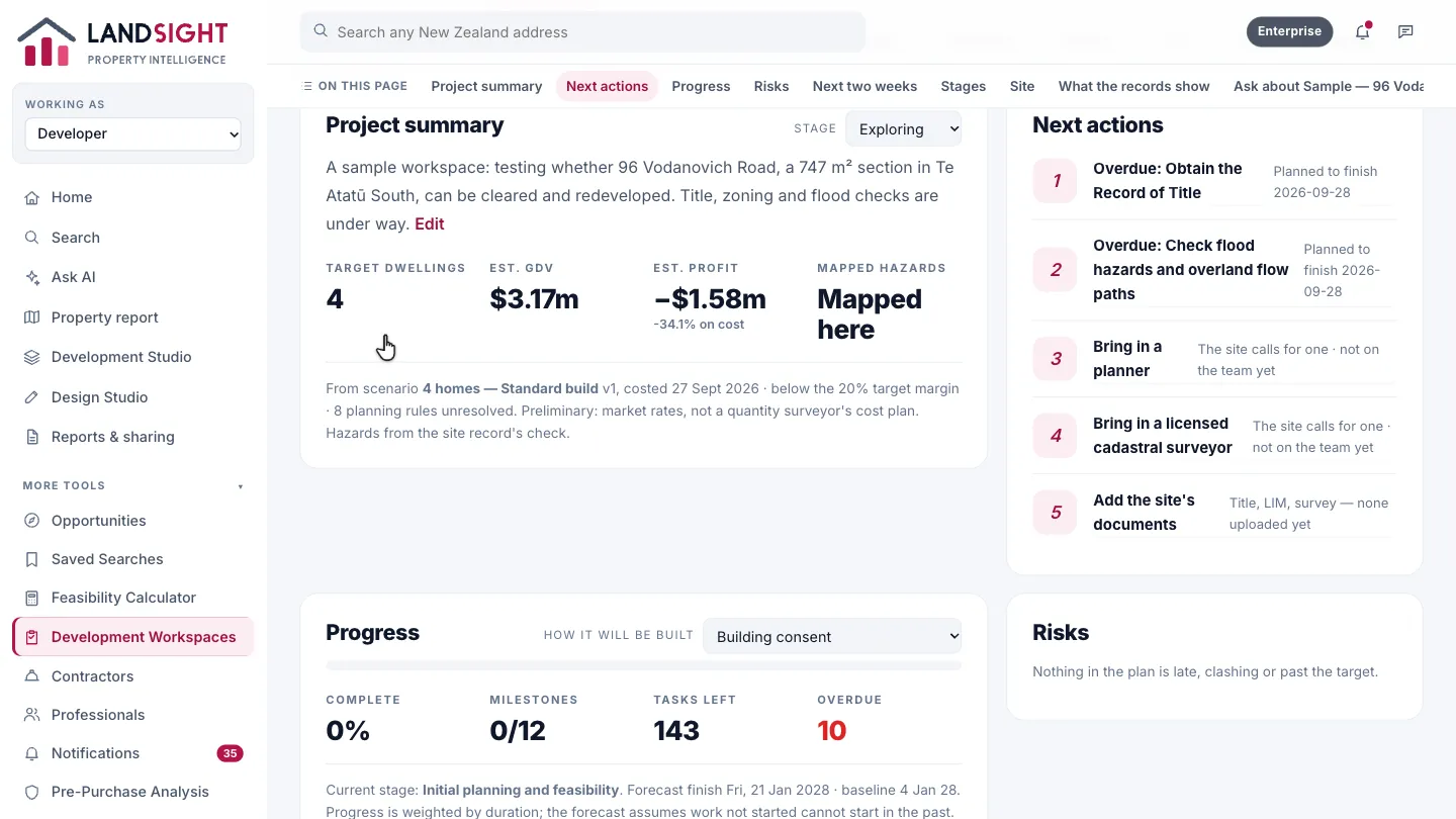 Step 4: Overview. A summary of the project, and the next actions: what the site calls for, from a planner to a surveyor.