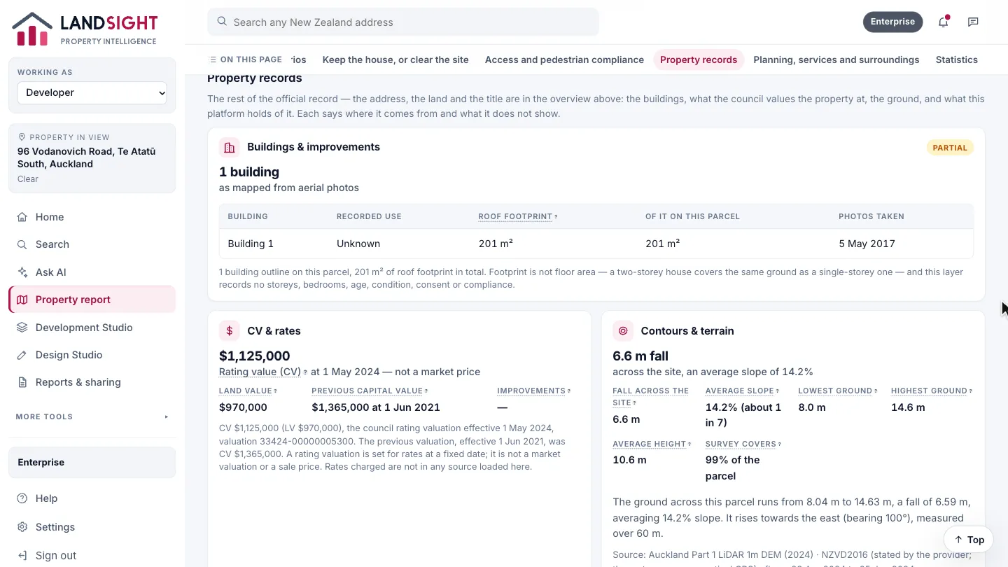 Step 1: Property records. Under the site and what it could become, Property records sets out the buildings, what the council values the property at, the ground, and what Landsight itself holds — each saying where it comes from and what it does not show. The address, the land and the title are in the overview at the top.