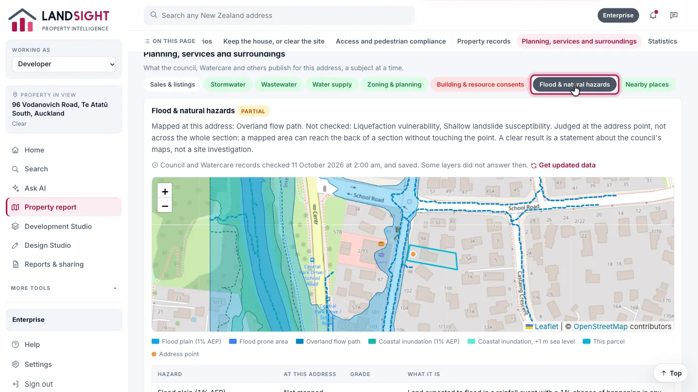 Step 4: Hazards. Flood & natural hazards shows the hazard layers for the site. Anything that was not checked is shown as not checked — never as clear.