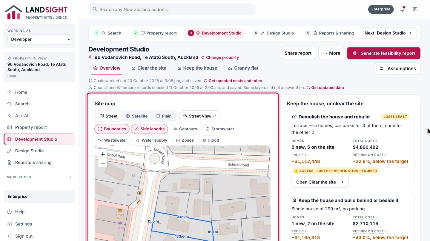 Step 1: Open the Development Studio. Choose Development Studio in the sidebar, or from a property’s report. It opens on the Overview: the site on its map, with the boundaries, contours, services, zones and flood layers to switch on. The Studio measures the site and reads the zone first.