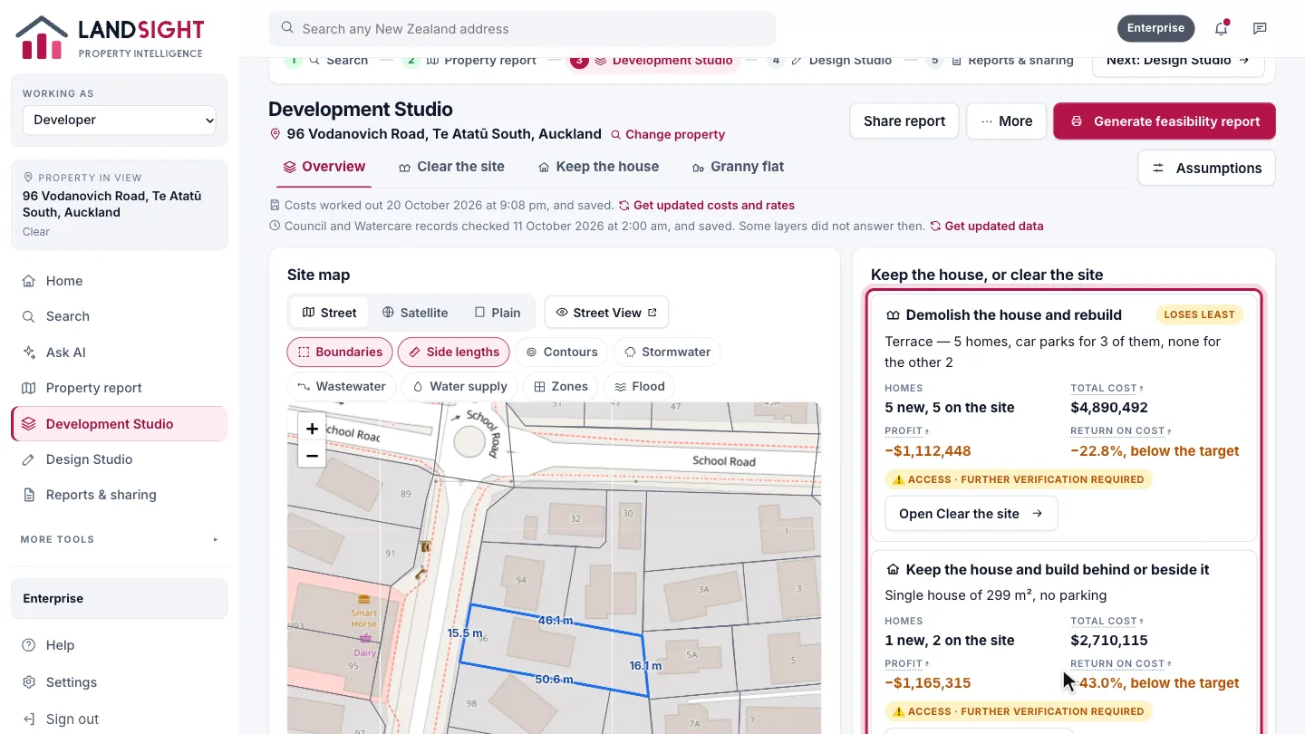 Step 2: Three paths. Beside the map is what the site can be: cleared and rebuilt, the house kept with homes behind or beside it, or the house kept with a granny flat added. Each shows its homes, cost, profit, return and where its access stands, and opens on a page of its own.