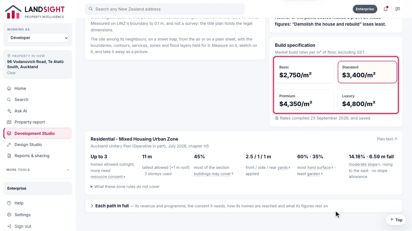 Step 3: Choose the build specification. Build costs use market rates per square metre, from a volume builder’s basic specification to architectural. Point at one to read what it is.
