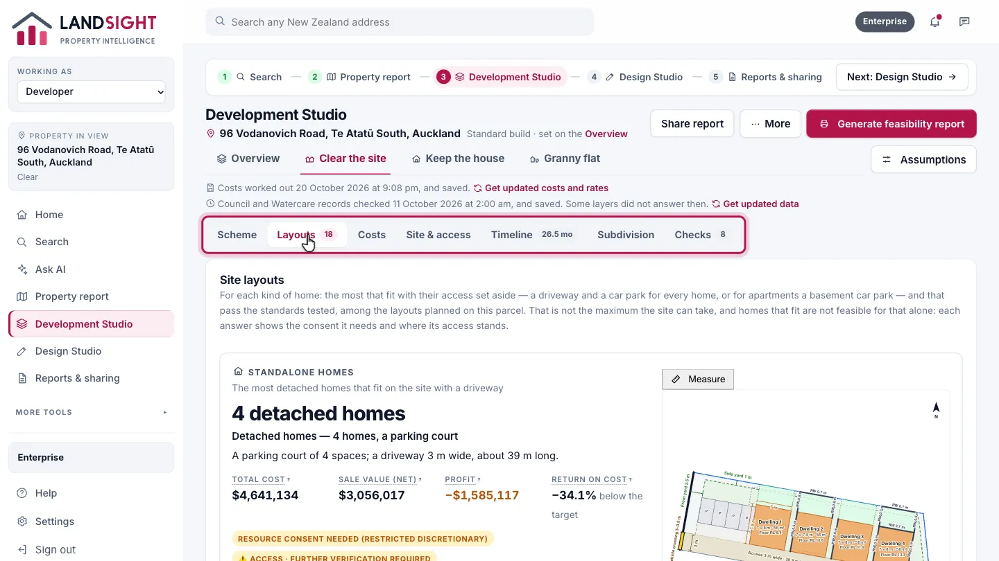 Step 6: Look through the layouts. A path’s page shows one part at a time: Scheme, Layouts, Costs, Site & access, Timeline, Subdivision and Checks. Layouts has every layout planned on the parcel, by kind of home, each check citing its clause. Use one, and the scheme is costed on it.