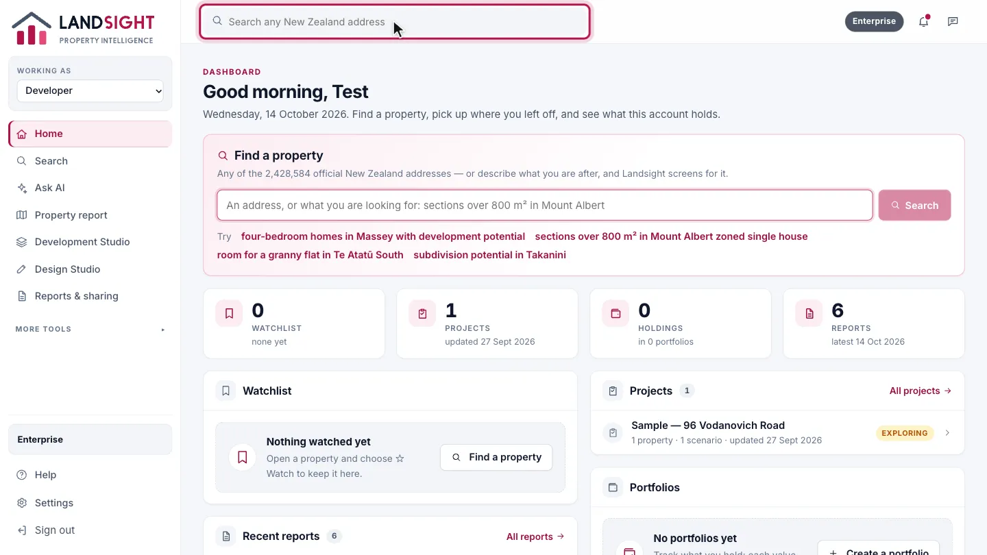 Step 2: Search from anywhere. The search bar at the top of every page finds any New Zealand address. Choose one to open its property report.