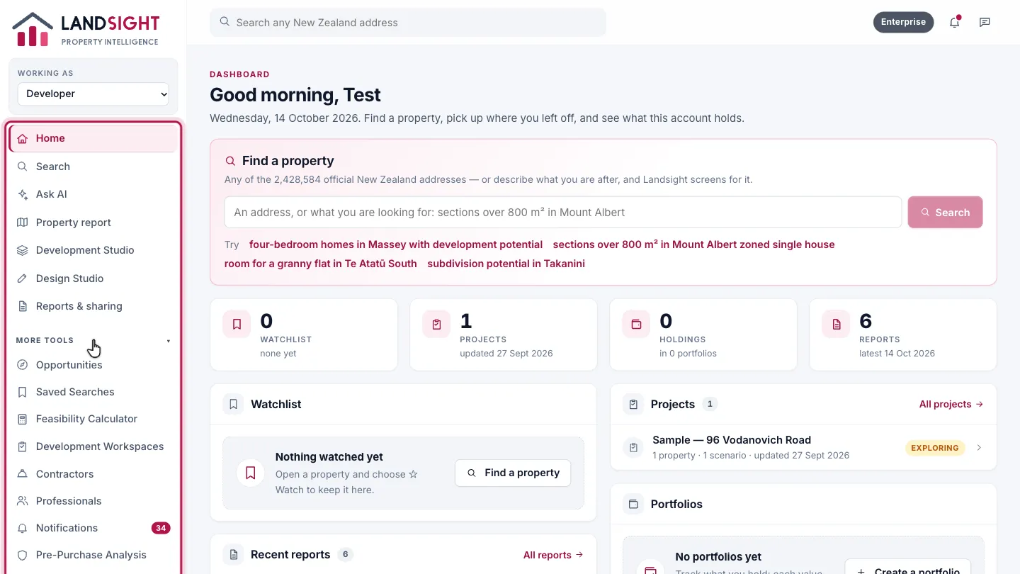 Step 3: The menu. The sidebar lists the steps of your work in order — for a developer: Search, Property report, Development Studio, Design Studio, and Reports & sharing. Every other tool is under More tools.