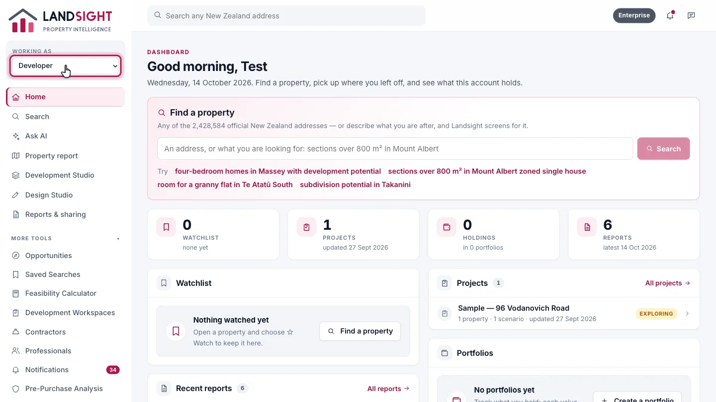 Step 4: Choose who you are working as. Working as sets whether you are working as a developer, an investor, an agent or a property user, so the tools for that work come first. It does not change your plan or what you can use.