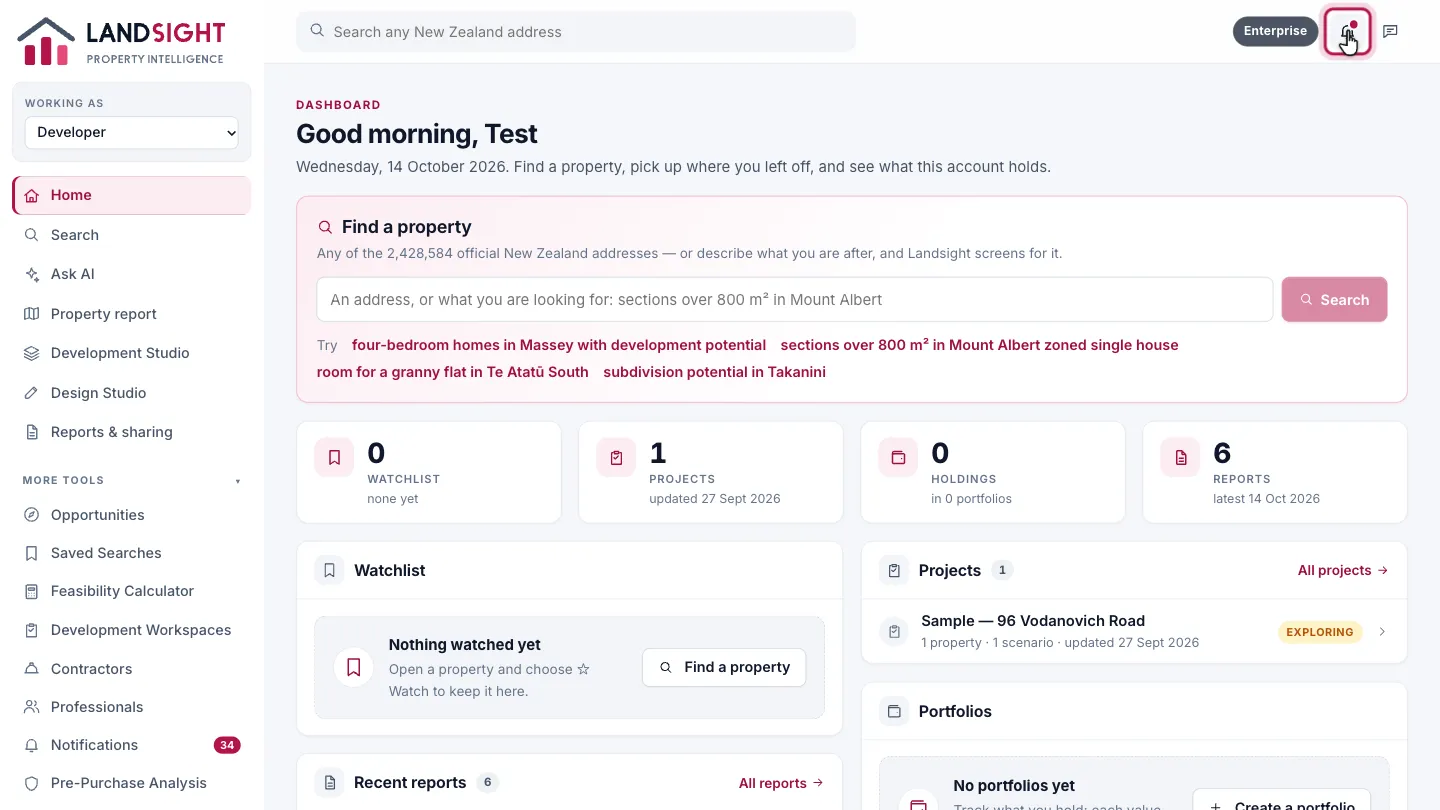 Step 5: Notifications. The bell shows reminders from your projects, with a count of those you have not read.