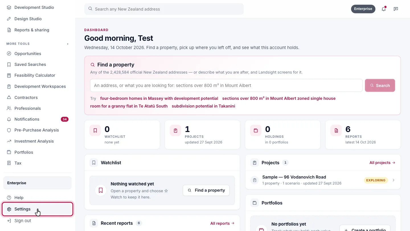 Step 6: Settings. Settings, at the foot of the sidebar, has Plans & Billing, what describes you, and your organisation.