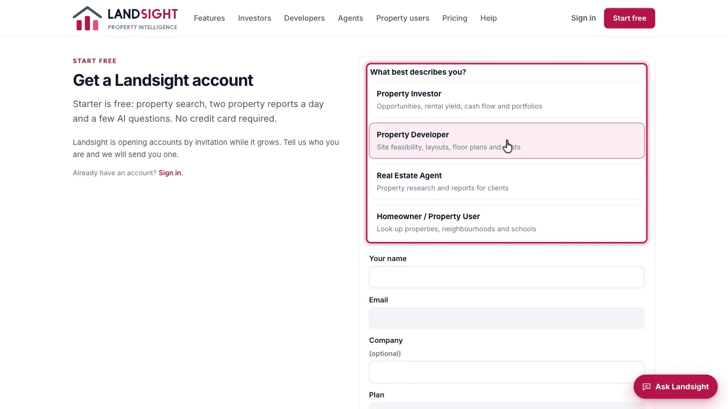 Step 2: Say what describes you. Choose Property Investor, Property Developer, Real Estate Agent or Homeowner / Property User. Landsight puts the tools for that work first; you can change it later in Settings, and it does not change your plan.