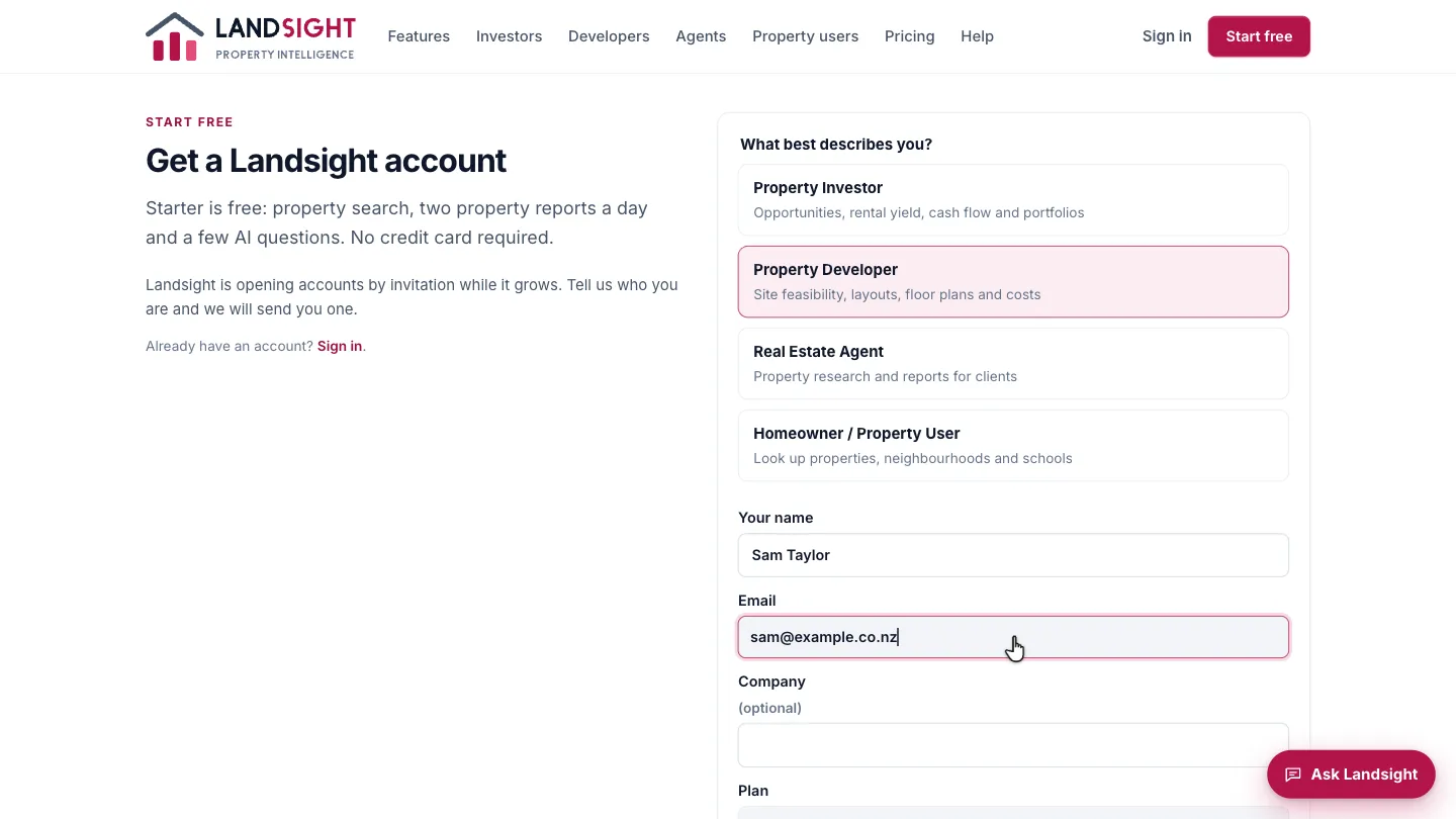 Step 3: Enter your details. Your name and the email address you will sign in with, and your company if you have one. Choose the plan you are interested in; Starter is free.