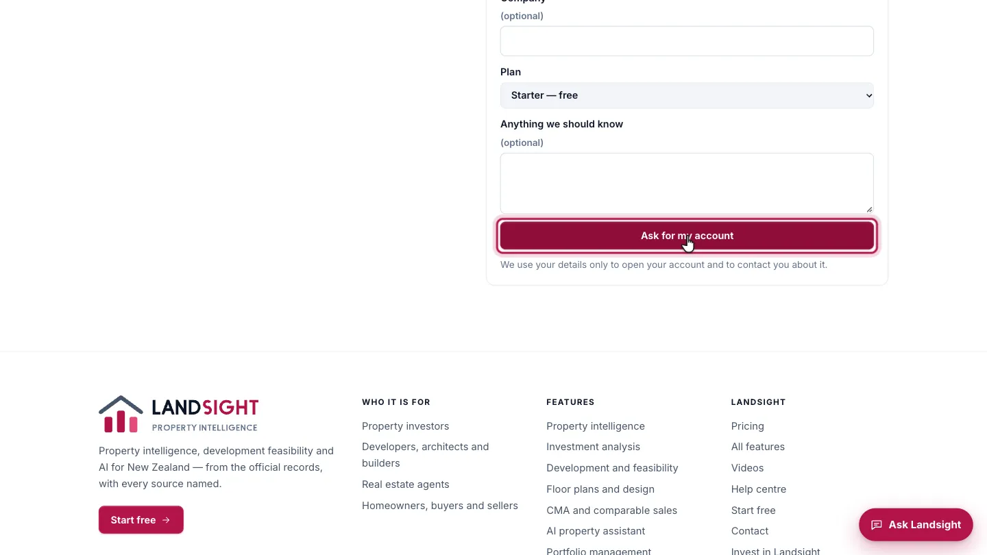 Step 4: Ask for your account. Choose Ask for my account. Landsight is opening accounts by invitation while it grows: the team reviews each request, and you receive an email that it arrived.
