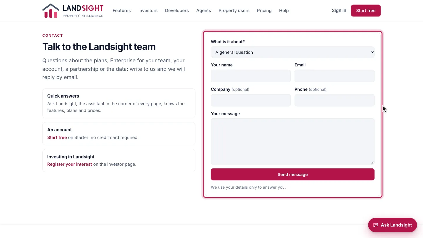 Step 3: Contact the team. For anything else, the contact form reaches the Landsight team, who reply by email.