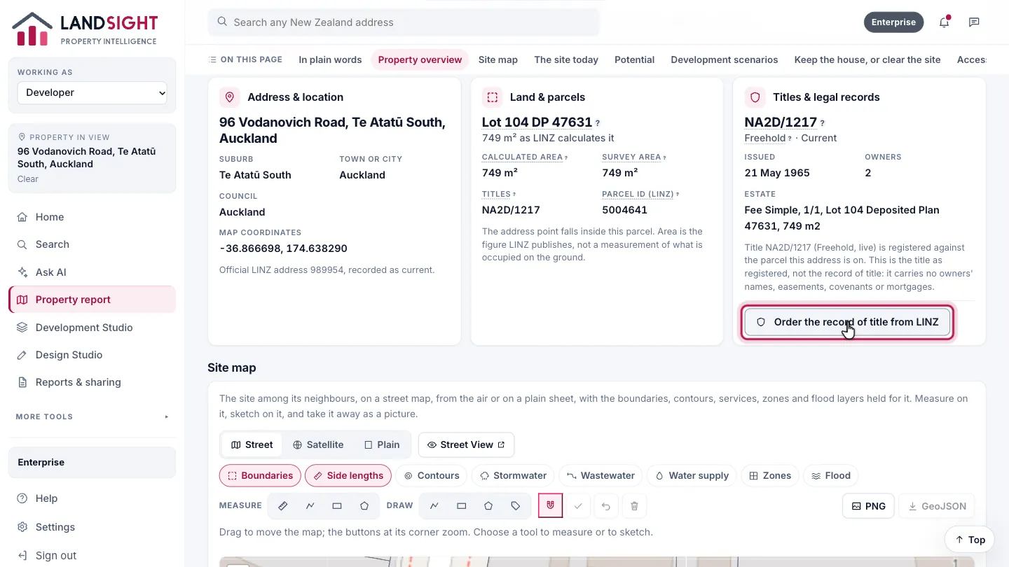 Step 1: Open it from the Titles card. On the property’s report, the Titles & legal records card shows the title as registered. Choose Order the record of title from LINZ at its foot.