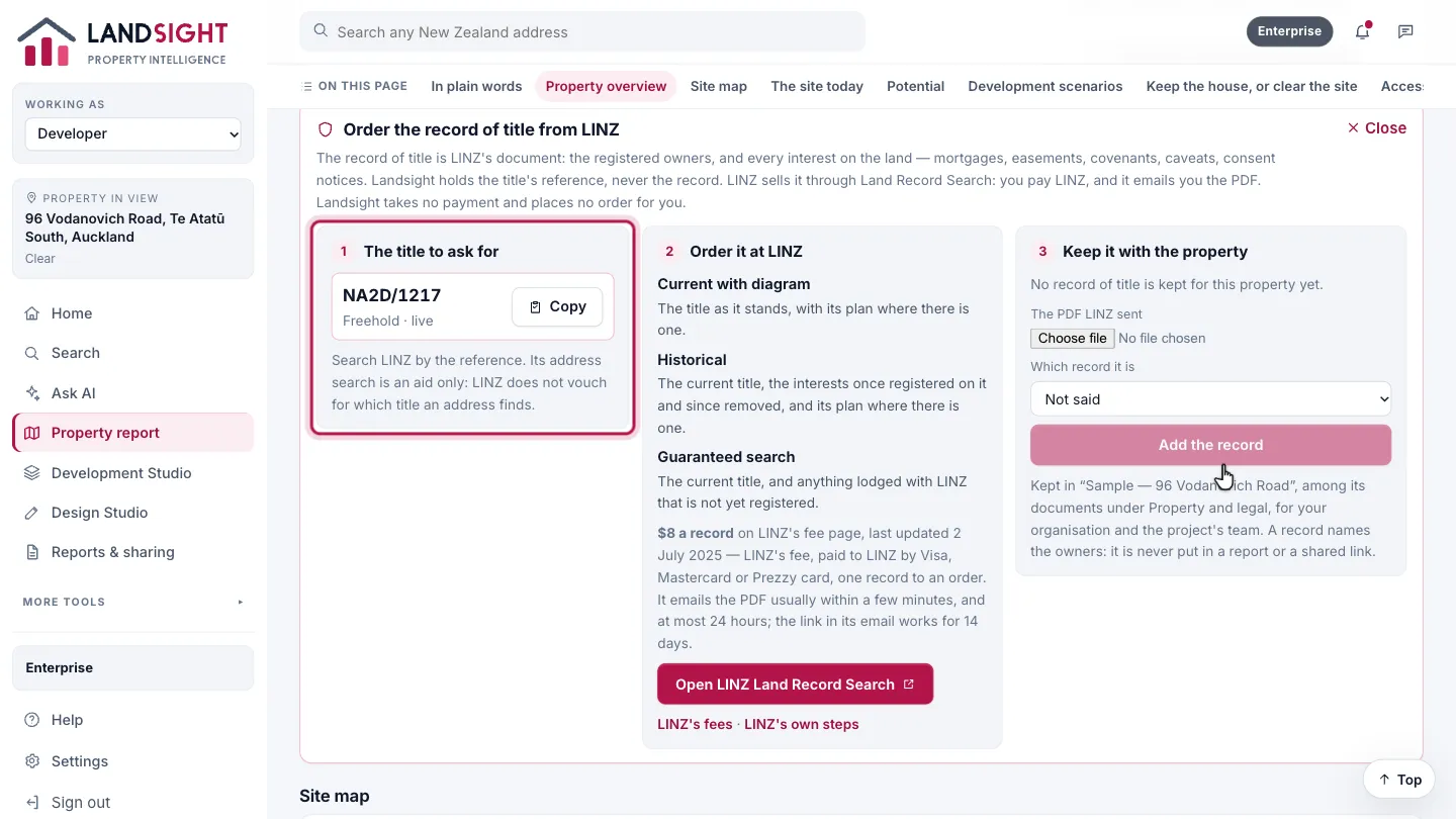 Step 2: Copy the reference. The title’s reference is what to search LINZ by: choose Copy. LINZ’s own address search is an aid only, and does not vouch for which title an address finds.