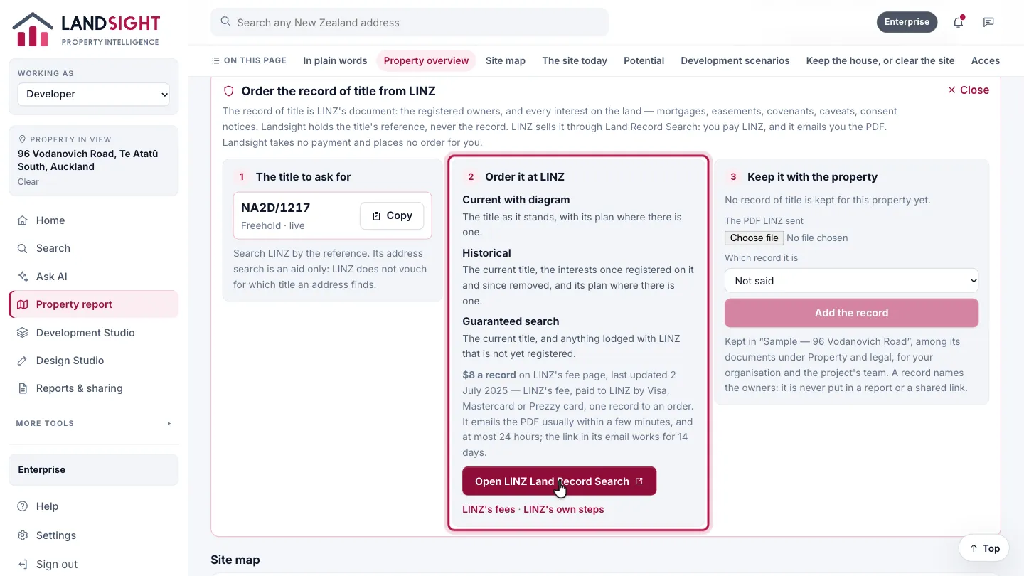 Step 3: Order it at LINZ. LINZ sells three records of a title — current with diagram, historical, and guaranteed search — through its Land Record Search, for its own fee, paid to LINZ by card. Choose Open LINZ Land Record Search, paste the reference and order there. LINZ emails the PDF, usually within minutes.