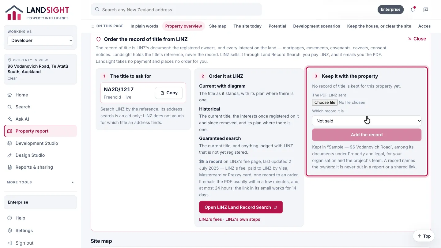 Step 4: Keep it with the property. When LINZ’s email arrives, add the PDF here. It is kept in the property’s project as a Record of title, among its documents. A record already kept is shown with how old it is: it shows the title as it stood when LINZ produced it.