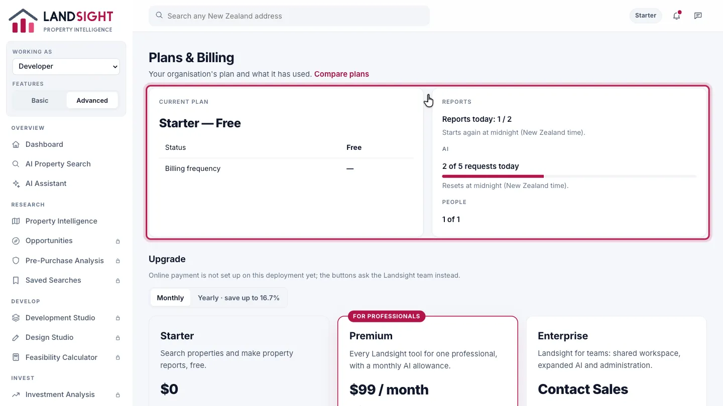Step 2: Your plan. The plan your organisation is on, its status and how it is billed, and what you have used: property reports today, AI requests, and the people in your organisation.