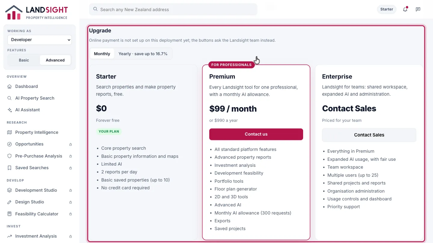 Step 3: Upgrade. Compare the plans side by side and choose one — Upgrade on Starter, Change plan on a paid plan. Choosing a plan goes to a secure card payment with Stripe or, where online payment is not set up yet, sends your request to the Landsight team.