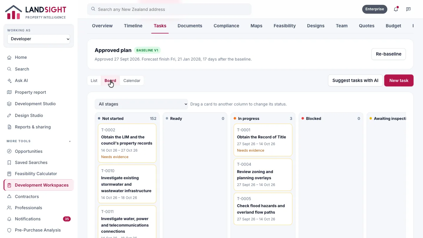Step 6: Board. The board groups the tasks by status.