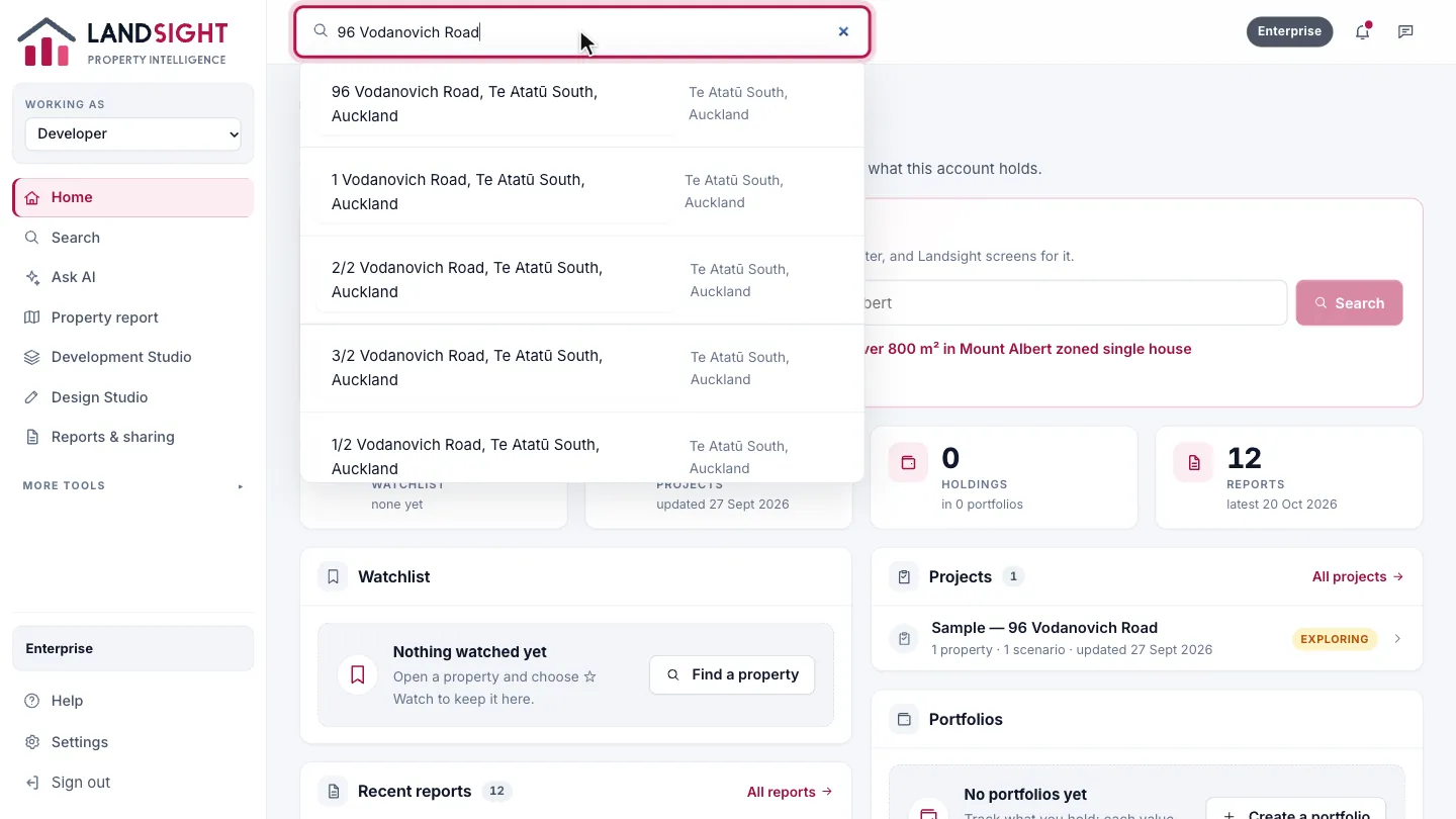 Step 1: Search for the address. Type the address in the search bar and choose it from the list. Landsight searches the 2.4 million addresses in the LINZ register.
