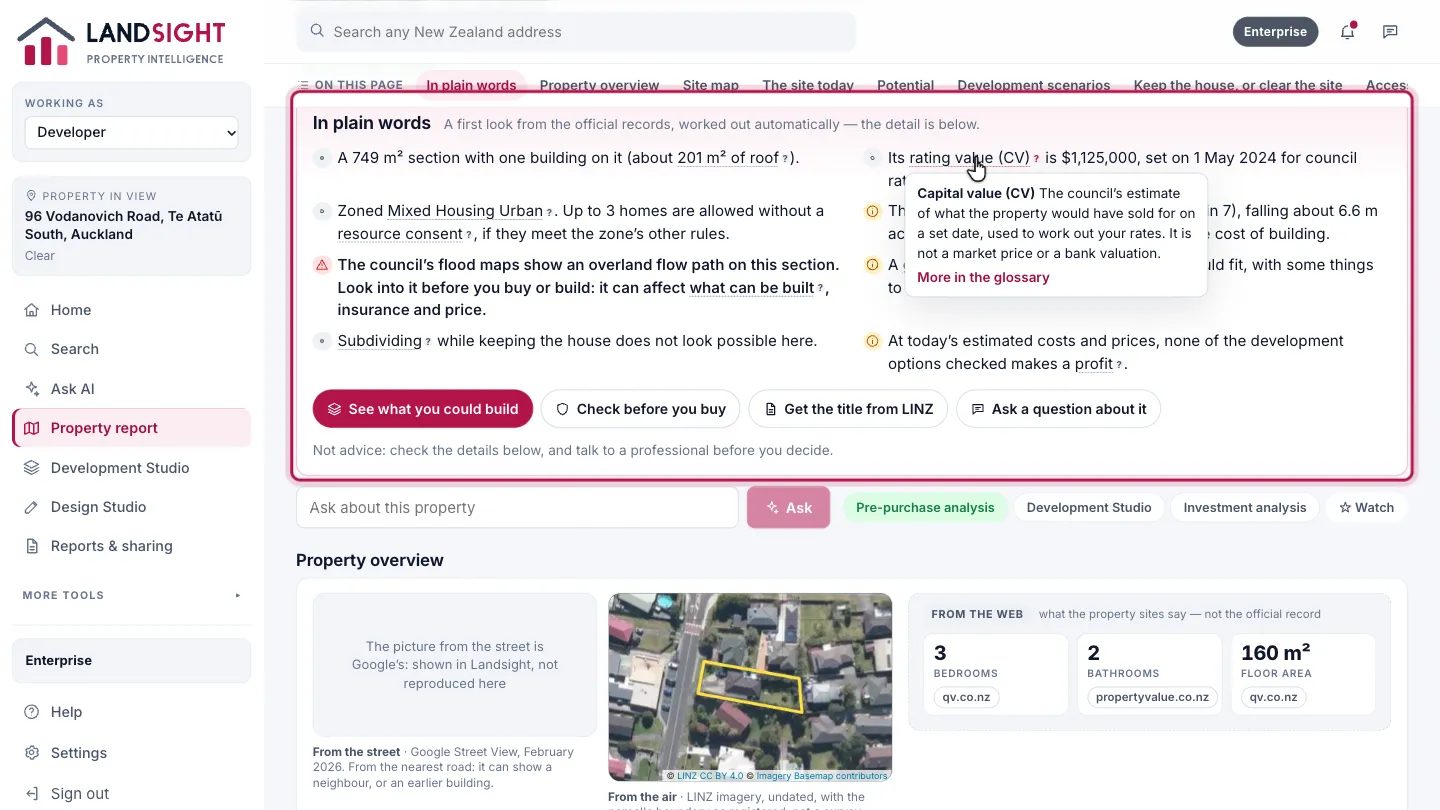 Step 3: Read it in plain words. Under the address, a short summary says what the property is, what its rating value means, what the zone allows, how the ground lies, whether flooding is mapped, and whether a granny flat or more homes could fit. Tap any underlined word to have it explained, or open the glossary.