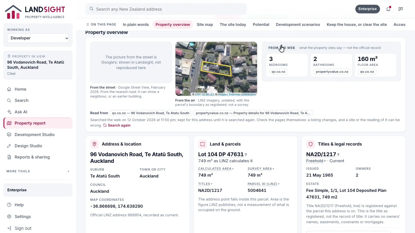 Step 4: Property overview. How the property looks from the street and from the air, with its boundary drawn, and what the property sites say of it — bedrooms, bathrooms, floor area, and whether it is listed for sale — each with the page it was read on. That part is the web’s, and is marked as the web’s, not the official record.