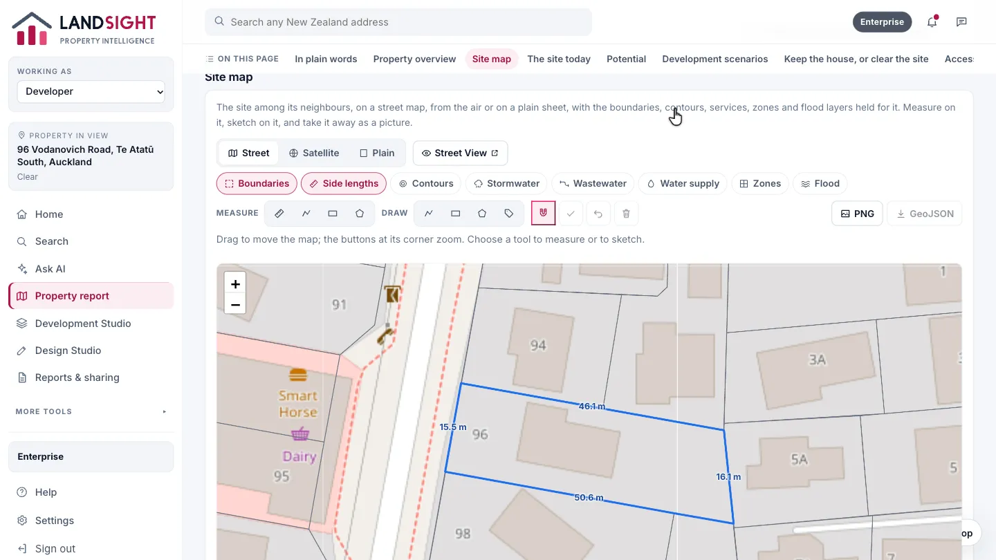 Step 6: Site map. The site among its neighbours, on a street map, from the air or on a plain sheet, with each side of the parcel marked with its length. Switch on contours, services, zones and flood layers, measure on it and sketch on it.