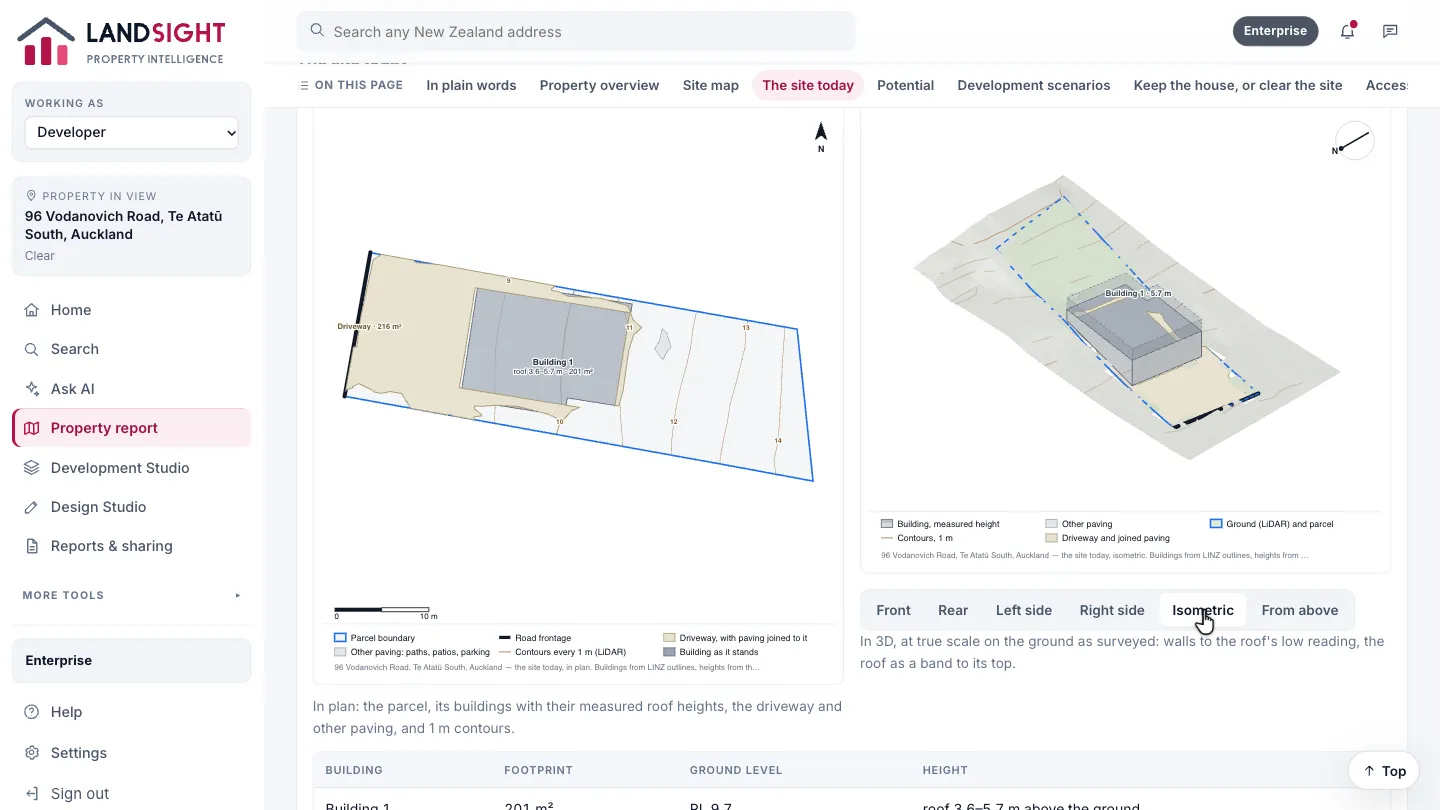 Step 8: See it in 3D. The site at true scale on the surveyed ground. Choose Front, Rear, Left side, Right side, Isometric or From above.