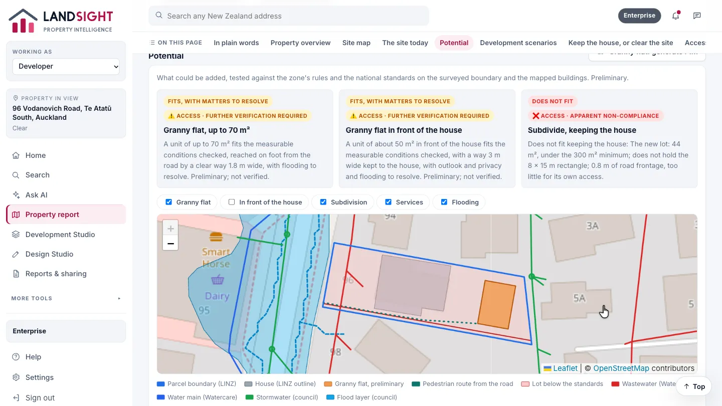 Step 9: Potential. What could be added — a granny flat, or a subdivision keeping the house — tested against the zone’s rules on the surveyed boundary: what fits, what fits with matters to resolve, and what does not fit. It is preliminary, and says so.