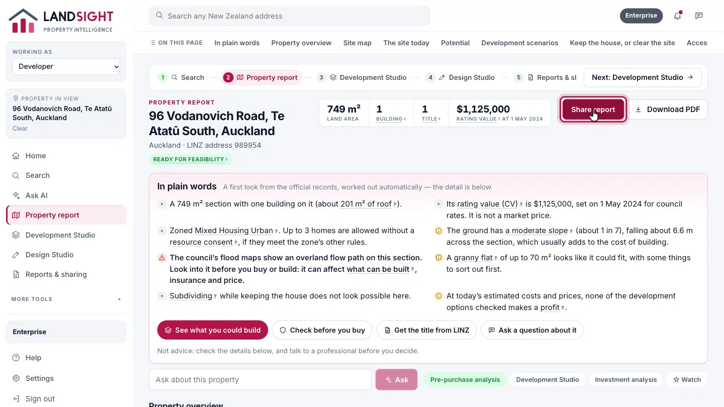 Step 1: Choose Share report. Open the property’s report and choose Share report, at the top right.