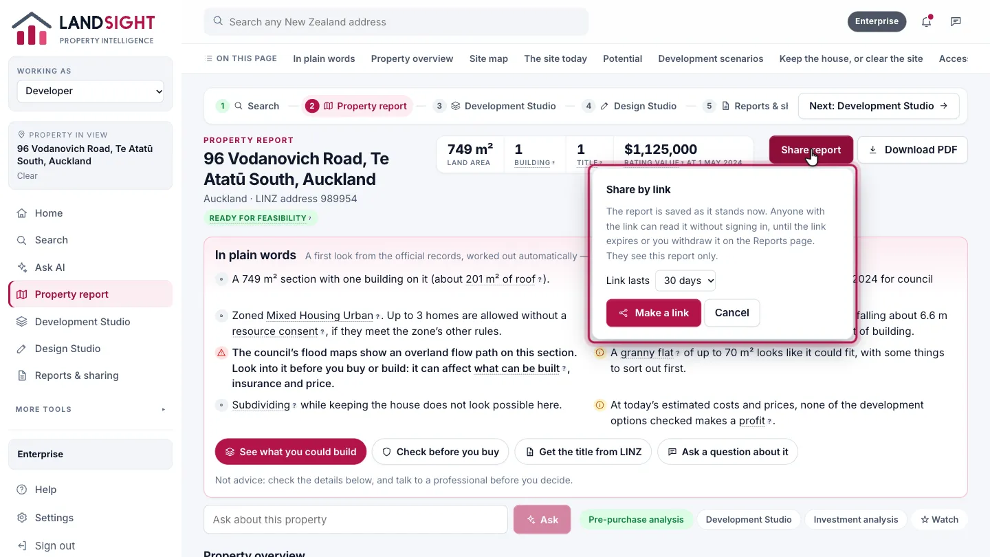 Step 2: Make a link. Choose how long the link lasts, then Make a link. The report is saved as it stands now; anyone with the link can read it without signing in, until the link expires or you withdraw it from the Reports page. They see this report only.