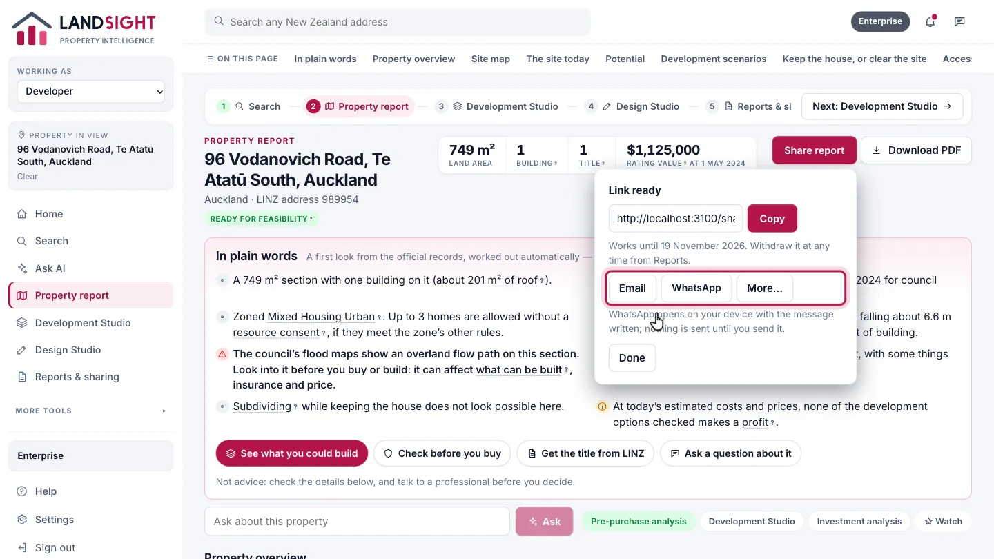Step 3: Send it. Email it from Landsight, or choose WhatsApp: it opens on your device with the message written, and nothing is sent until you send it.