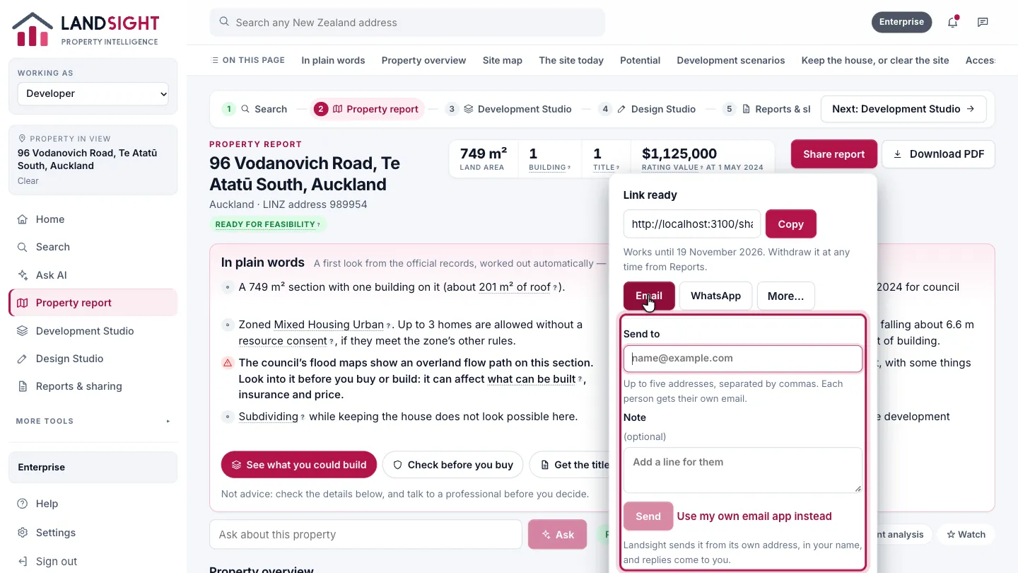 Step 4: Email it. Up to five addresses, separated by commas, with a note if you like. Each person gets their own email, sent from Landsight in your name, and replies come to you.