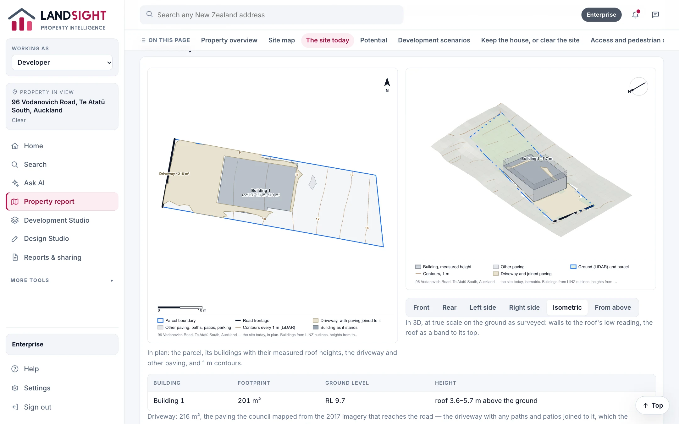 The site today, in plan and in 3D, for 96 Vodanovich Road, Te Atatū South